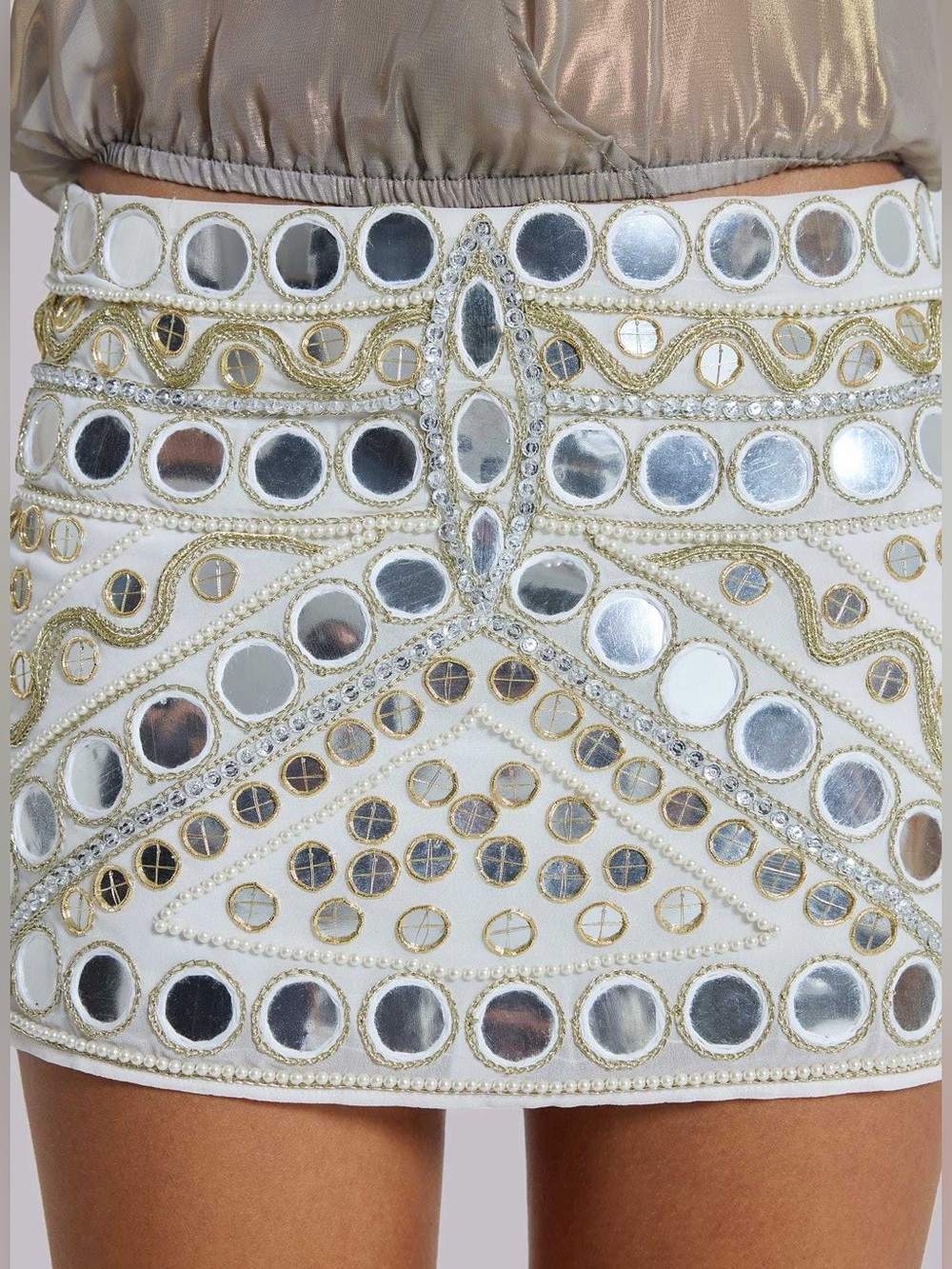 Jaded London Chara Embellished Mirror Mini Skirt Ivory Pearl Beaded US 10 - Picture 3 of 16